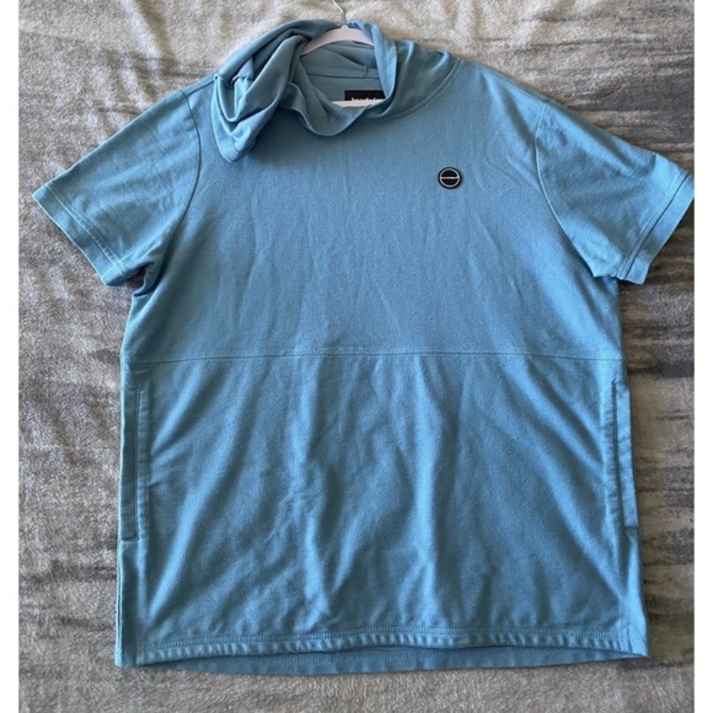 Bearded Goat Mens XL Short Sleeve Hoodie Light Blue Cotton Blend Pullover Pocket